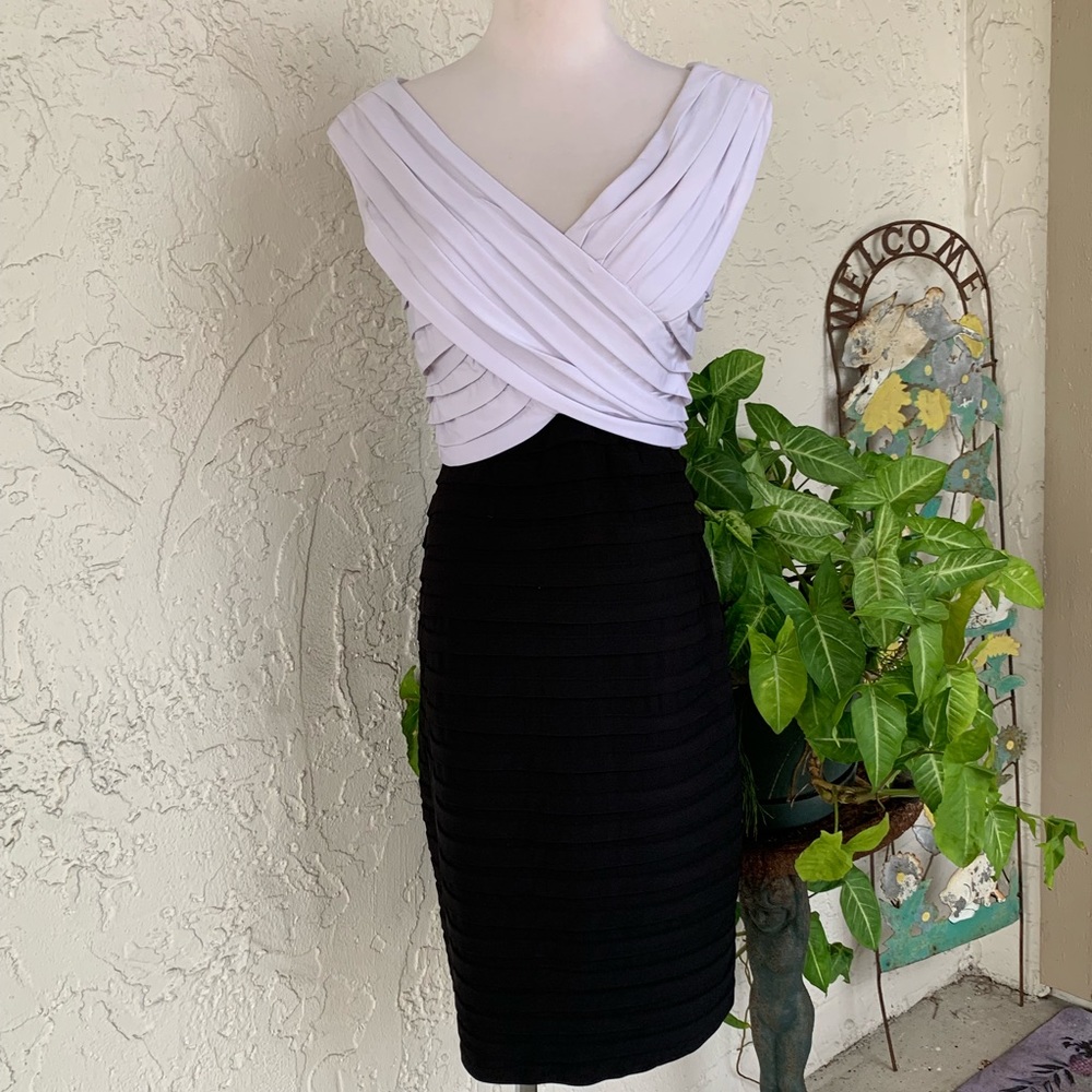 SCARLETT NITE Pleated Crossover Bodice B&W Dress